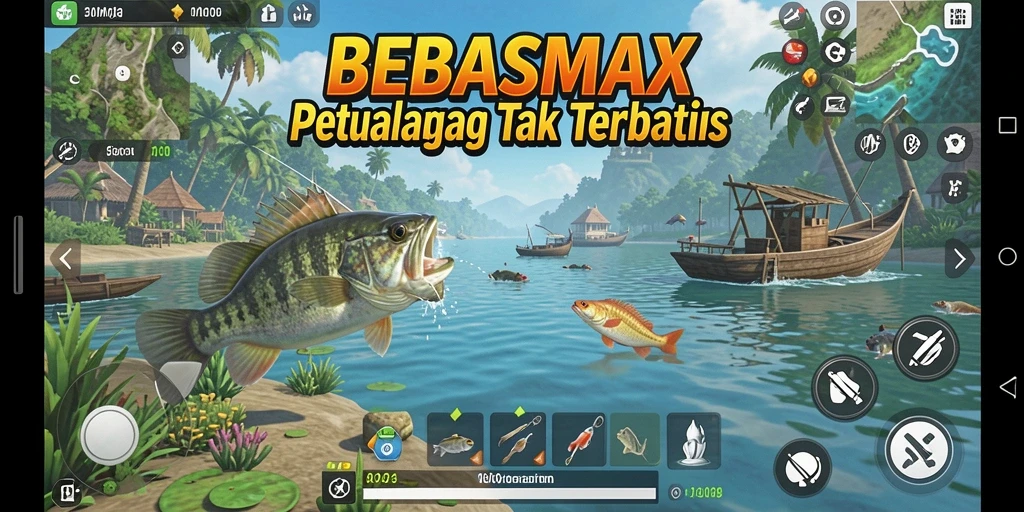 Gameplay seru dan mendebarkan dari BEBASMAX dengan berbagai lokasi memancing.