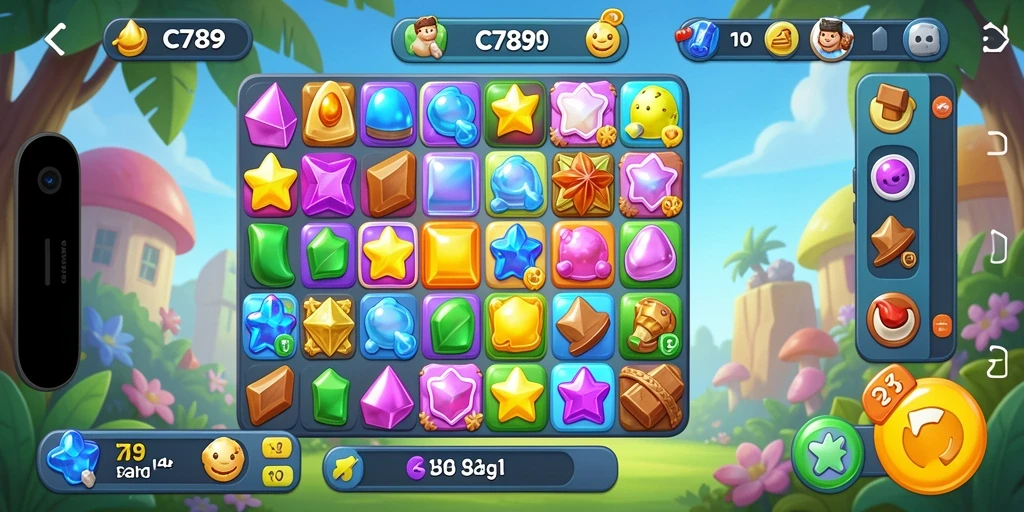 Screenshot gameplay C789 menampilkan kombinasi warna cerah dalam Match-3.