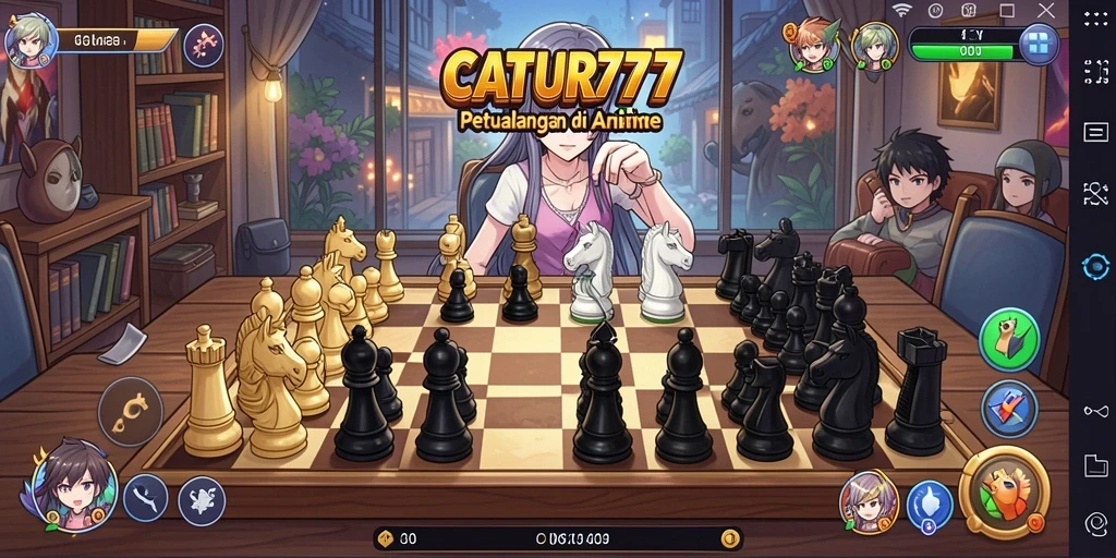 Screenshot gameplay CATUR777 menampilkan karakter anime di papan catur.