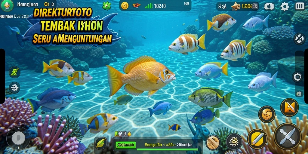 Tangkapan layar gameplay DIREKTURTOTO saat menembak ikan di lautan.