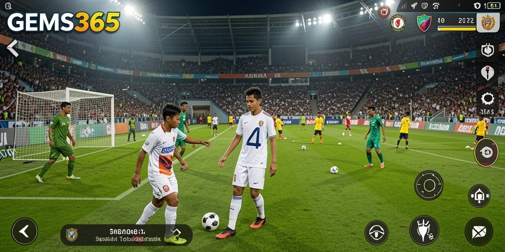 Tampilan gameplay <strong>GEMS365</strong> saat pertandingan sepak bola berlangsung.