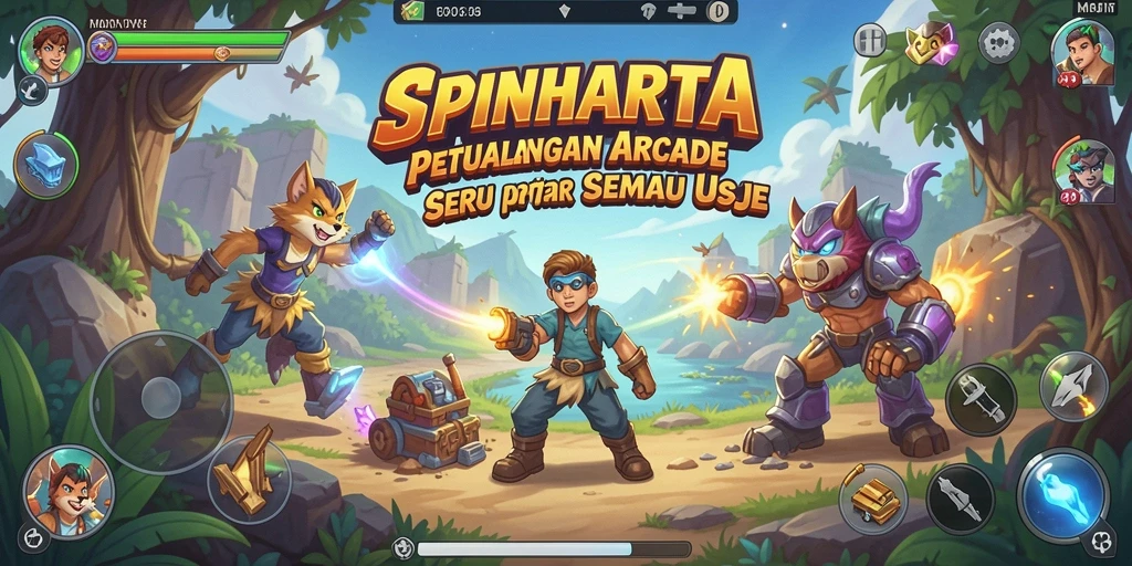 Tangkapan layar utama SPINHARTA menampilkan aksi seru dalam gameplay Arcade.