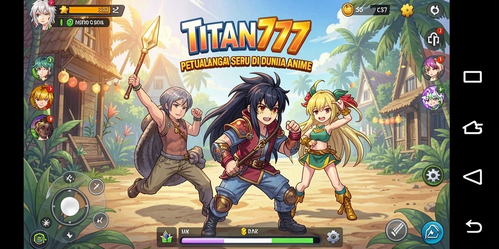 Screenshot utama TITAN777 menampilkan karakter anime dalam aksi.