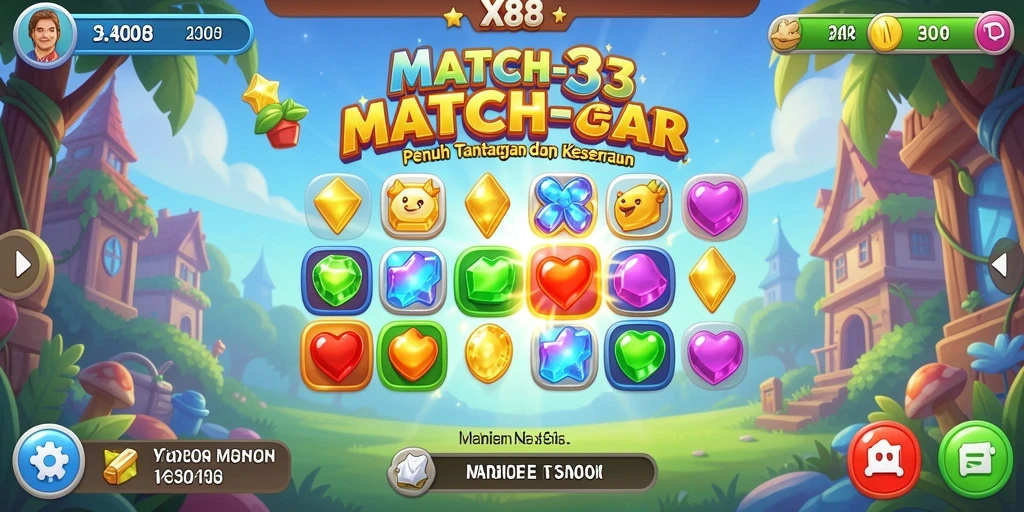 Screenshot utama X88 menampilkan gameplay Match-3 yang seru dan penuh warna.